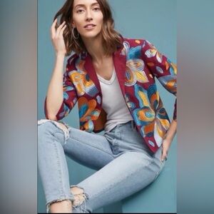 Anthropologie 3/4sl 'Woodstock Embroidered Jacket'- Large , Wine/ Mustard
